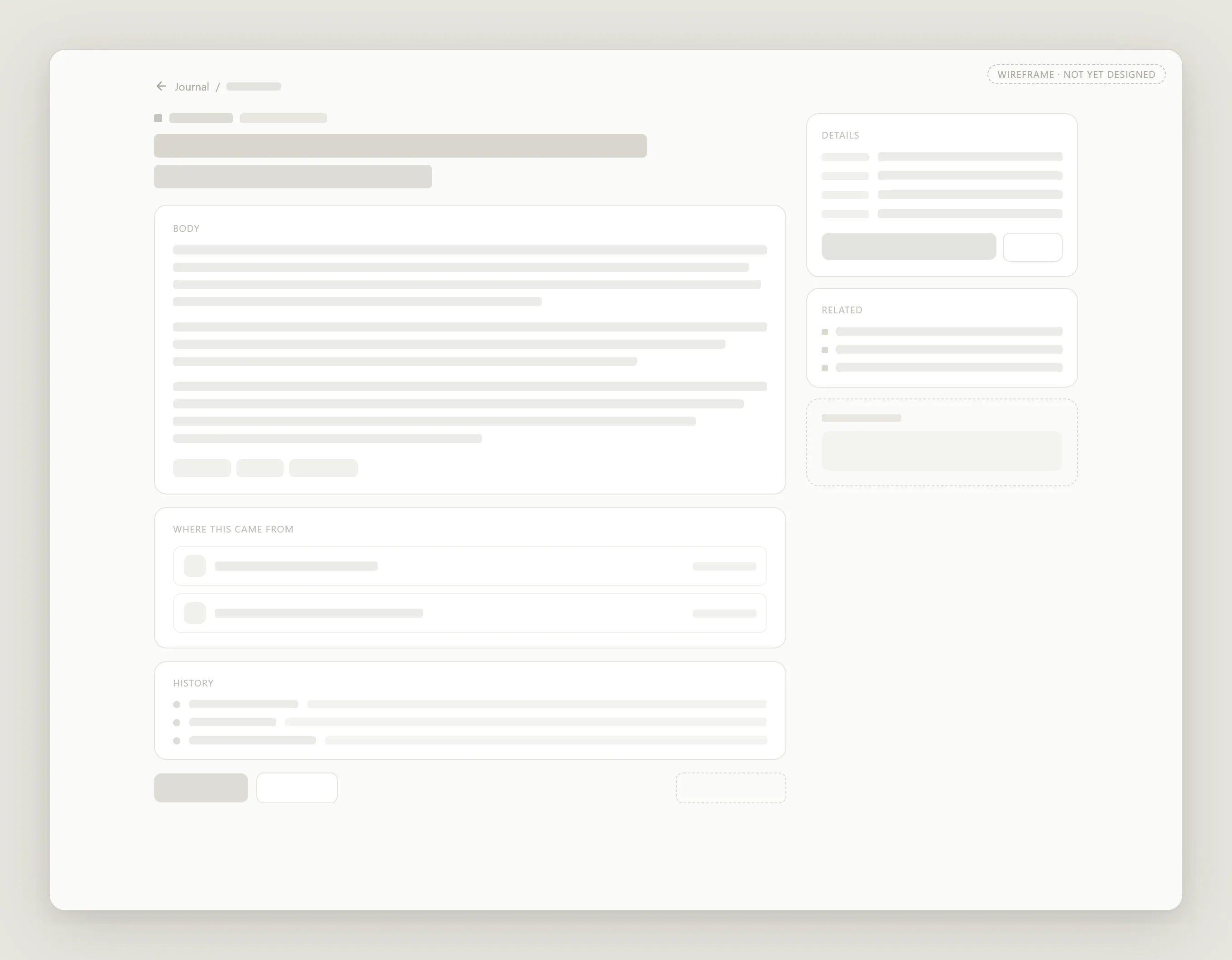 A greyscale wireframe of the entry detail screen — body, where-this-came-from provenance list, history, details and related rails — stamped Wireframe, not yet designed