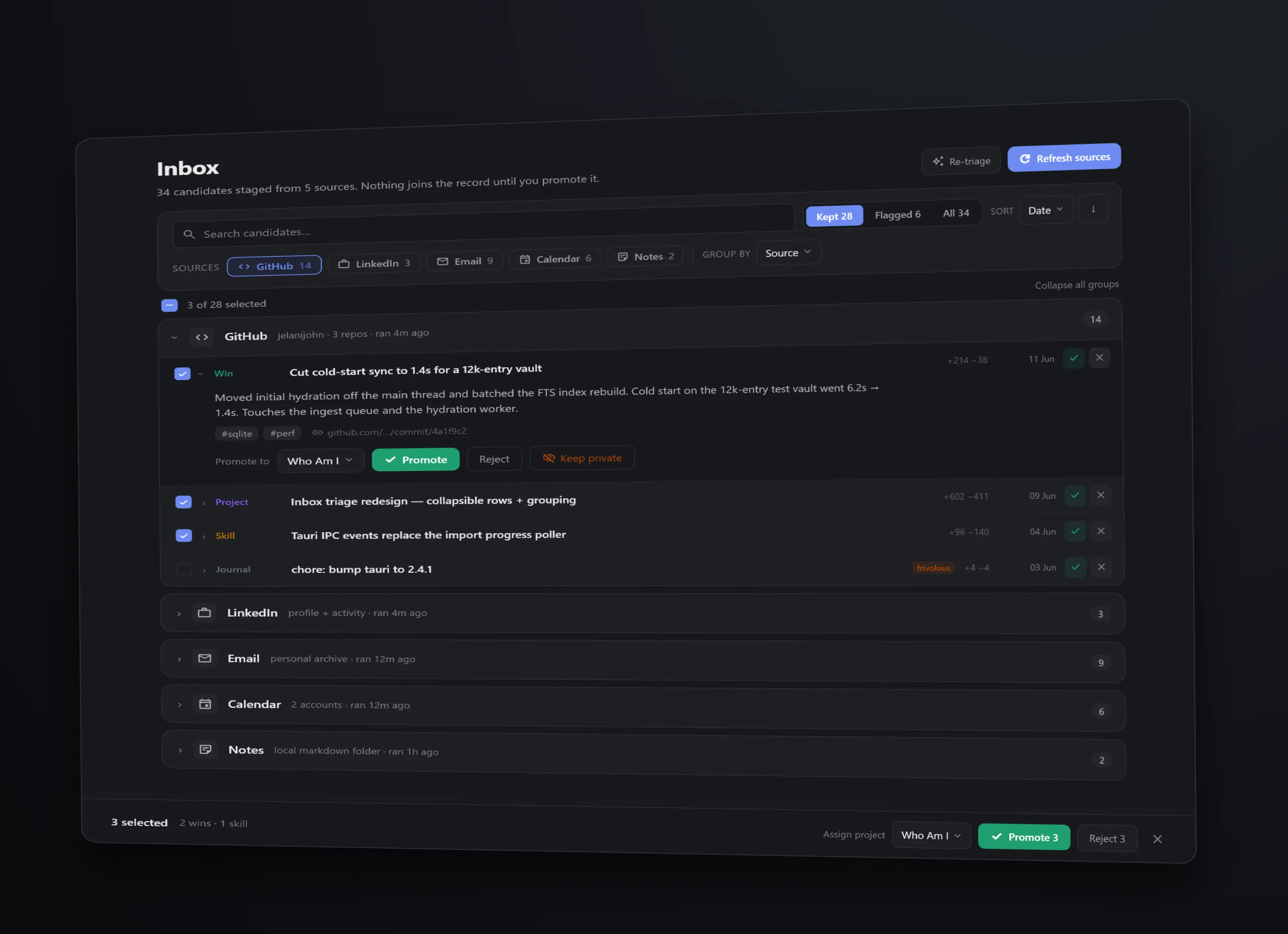 The Who Am I inbox in the dark appearance: 34 candidates staged from 5 sources and grouped by source, a GitHub win expanded with Promote, Reject, and Keep private actions, a frivolous-marked chore, and a bulk bar promoting 3 selected candidates into the record