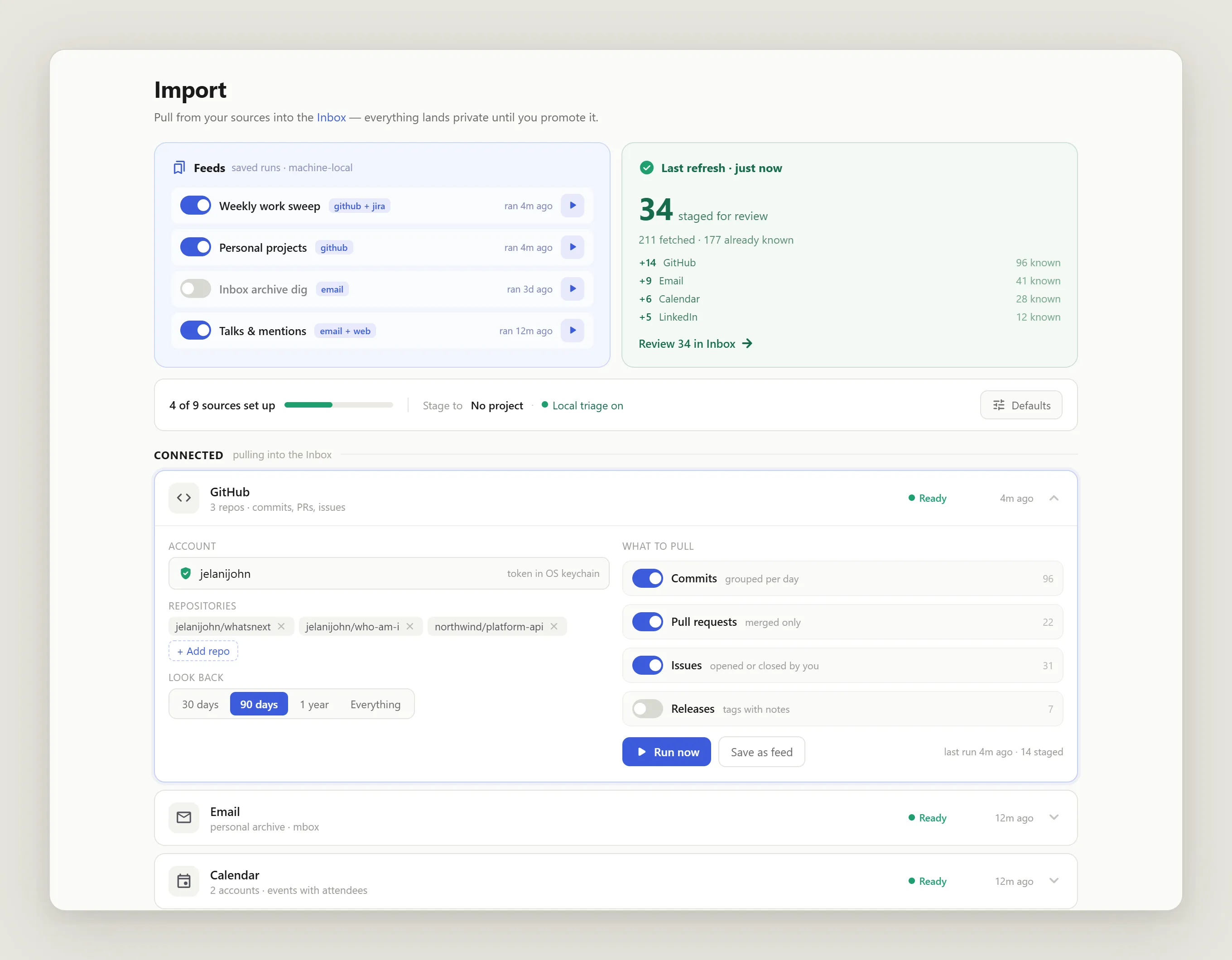 The GitHub source expanded in the import dashboard: an account with its token in the OS keychain, three explicitly named repositories, a 90-day look-back, and per-type toggles for commits, merged pull requests, issues, and releases
