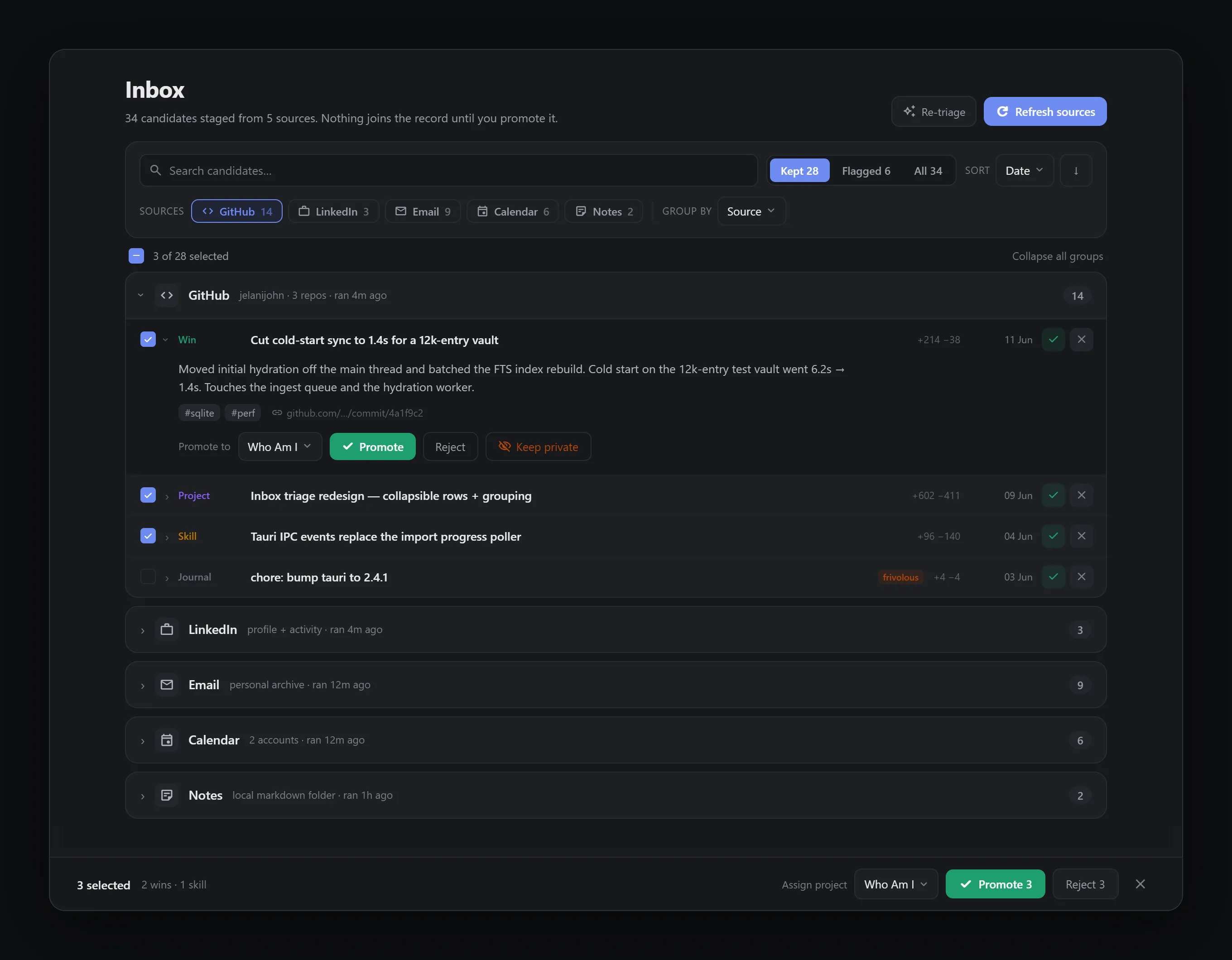 The same inbox triage in the dark appearance: the GitHub group open with a selected win, kept and flagged tabs, and the bulk promote bar along the bottom
