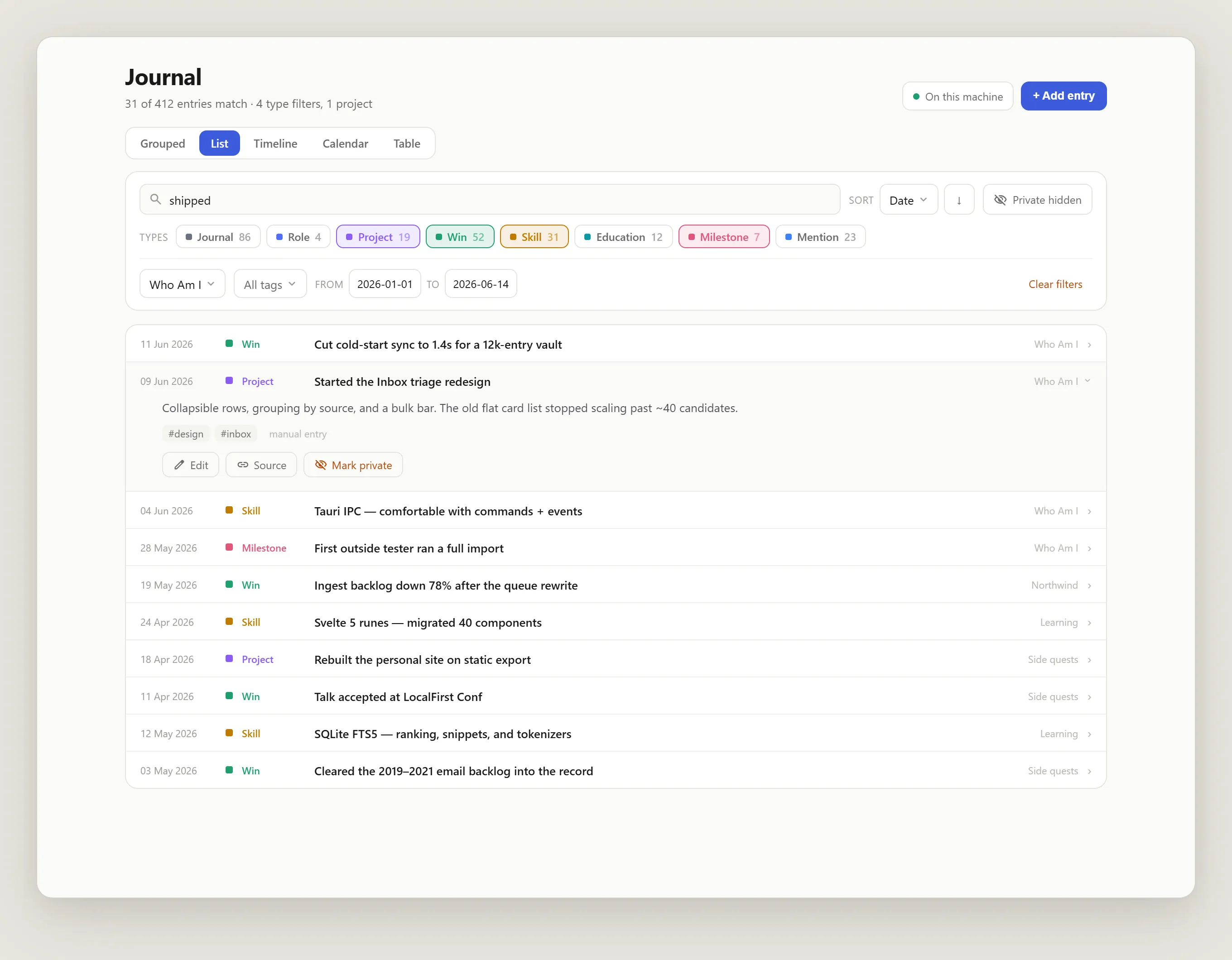 The journal in list view under active filters — a search for shipped, four type filters, one project, and a date range narrowing 412 entries to 31 — with one project entry expanded to show its body, tags, and Edit, Source, and Mark private actions