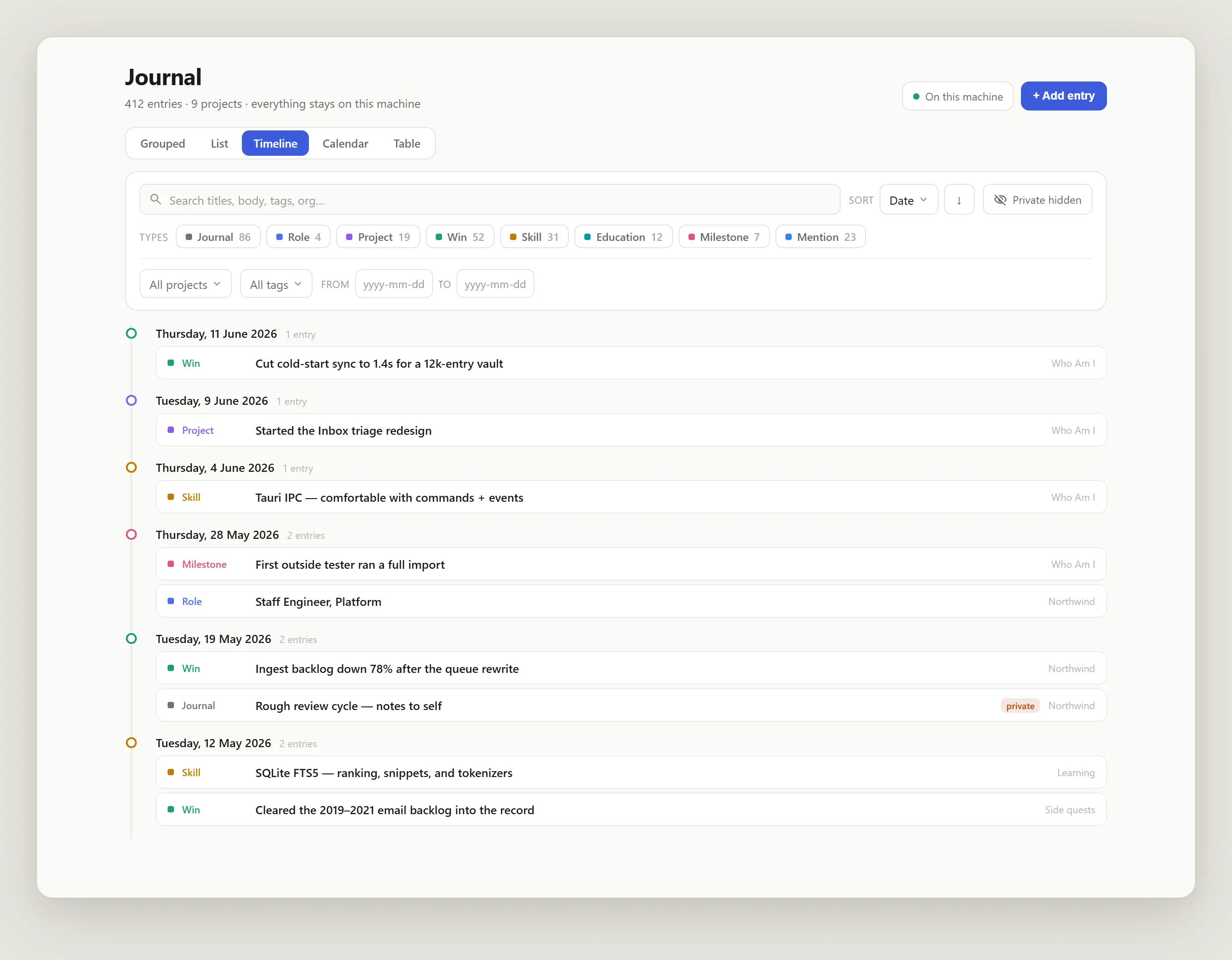 The journal's timeline view: entries pinned to dated nodes — wins, projects, skills, a milestone, and a role change — with a private-badged journal entry sitting alongside public ones