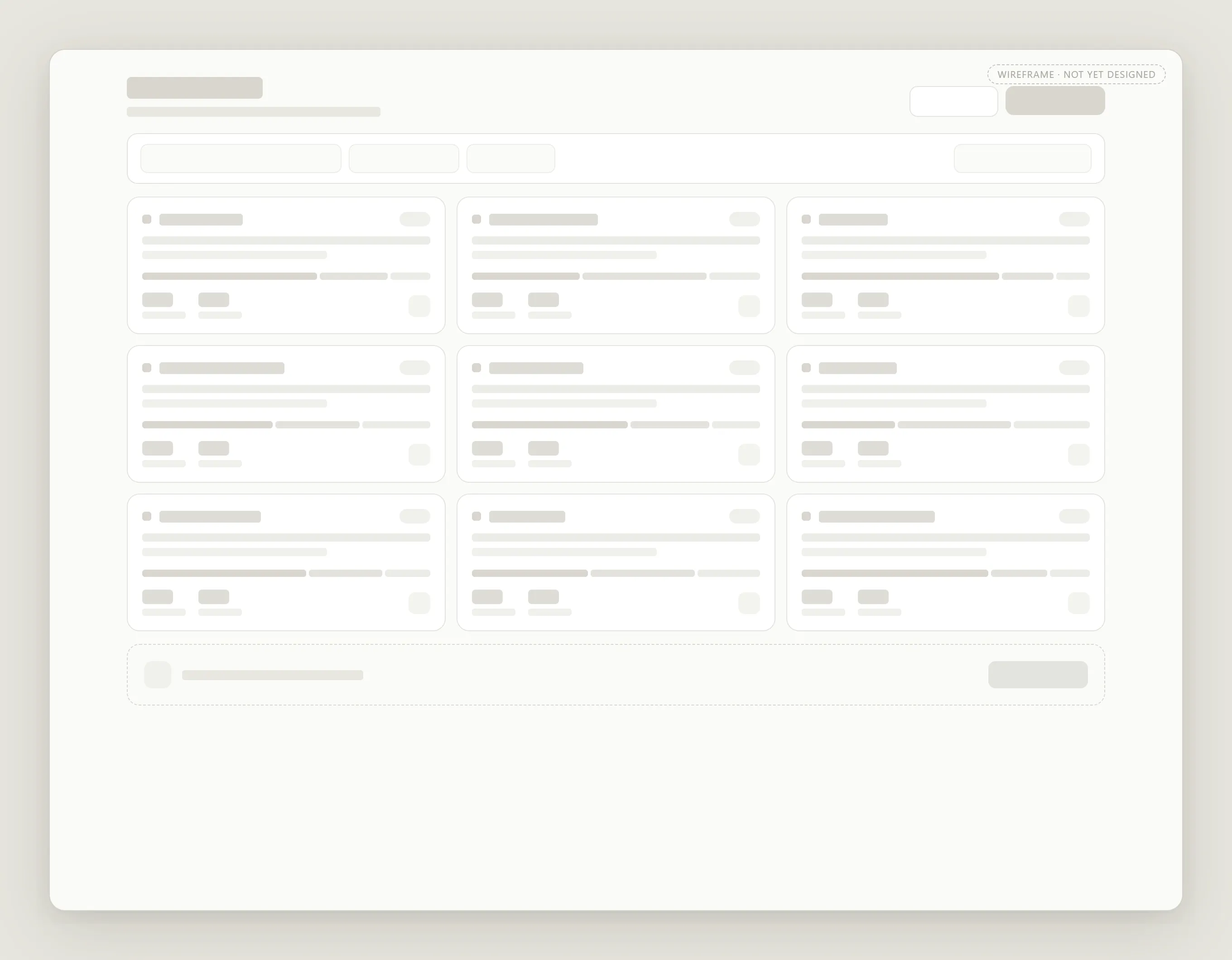 A greyscale wireframe of the projects overview — a filter bar over a three-by-three grid of project cards — stamped Wireframe, not yet designed