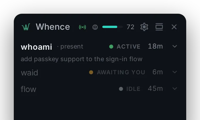 Collapsed Whence roster in dark mode showing whoami active with its context line, waid awaiting you, and flow idle