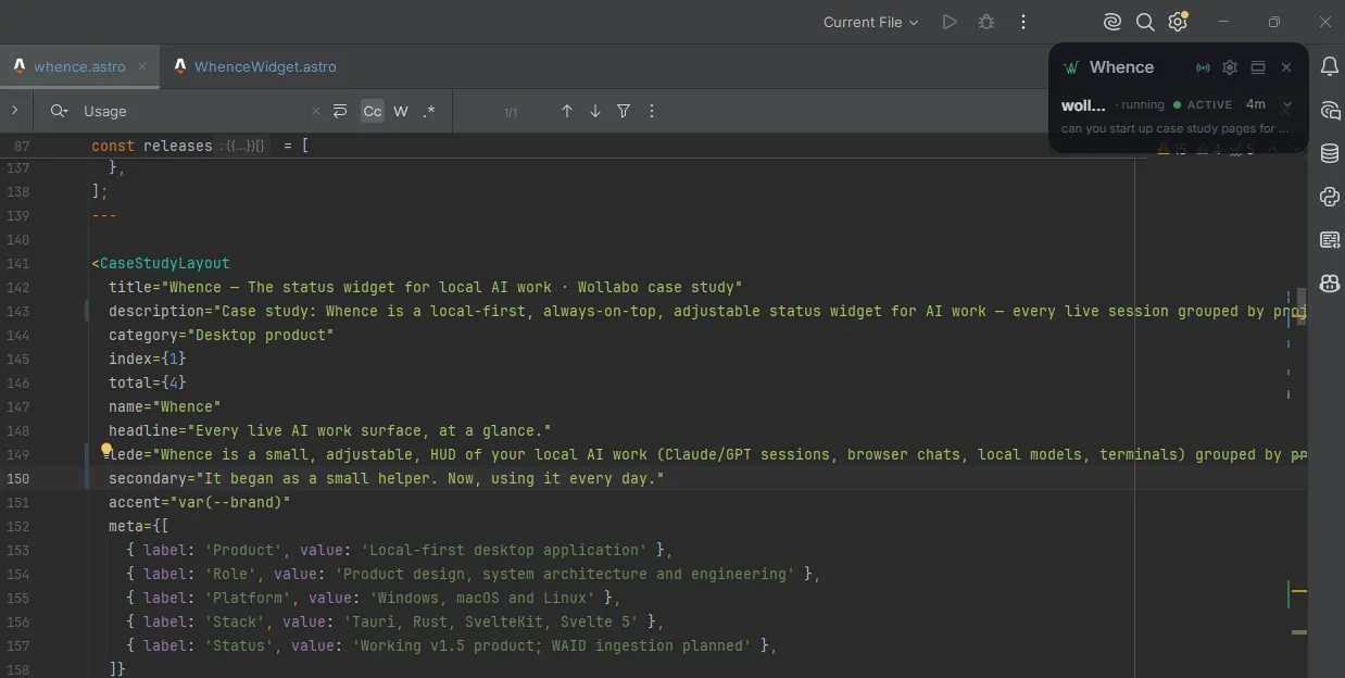 The collapsed Whence widget floating always-on-top in the corner of a code editor, showing the wollabo project running and active for four minutes — while the editor displays the source of this very case study